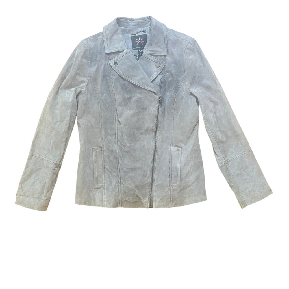 Isaac‎ Mizrahi Live Moto Jacket Gray Suede Leather Floral Lining Biker SIZE 8